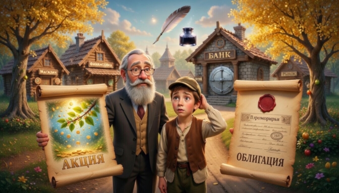 Иллюстрация: Два свитка на столе. На первом нарисована веточка с подписью «Акция — доля в деле». На втором — долговая расписка с печатью и подписью «Облигация — долг под процент».