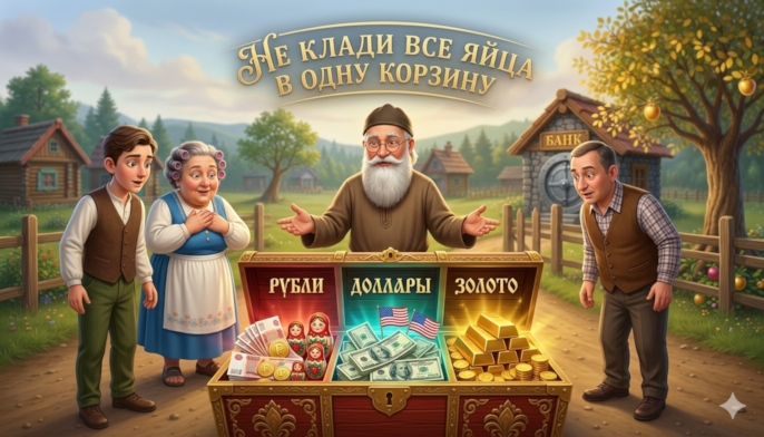 Финансист стоит перед большим сундуком, разделённым на три секции. В одной секции — рубли и матрёшки, во второй — доллары и американские флаги, в третьей — золотые слитки. Иван, Матрёна и Петрович смотрят на сундук с восхищением. Над сундуком надпись: «НЕ КЛАДИ ВСЕ ЯЙЦА В ОДНУ КОРЗИНУ».
