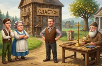 Петрович стоит в центре, важно подбоченившись, рядом с ним нарисована большая квартира с табличкой «СДАЁТСЯ». Иван и Матрёна смотрят на квартиру с сомнением. Финансист сидит за столом с калькулятором и весами. На одной чаше весов — маленькая квартирка, на другой — куча золотых монет и корзина с надписью «ETF»