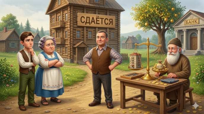 Петрович стоит в центре, важно подбоченившись, рядом с ним нарисована большая квартира с табличкой «СДАЁТСЯ». Иван и Матрёна смотрят на квартиру с сомнением. Финансист сидит за столом с калькулятором и весами. На одной чаше весов — маленькая квартирка, на другой — куча золотых монет и корзина с надписью «БПИФ»