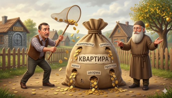 Большой мешок с надписью «КВАРТИРА». Из мешка сыплются монеты через дыры с подписями: «коммуналка», «ремонт», «налог», «простой», «авария». Рядом стоит Петрович с сачком, пытается поймать утекающие монеты. Финансист показывает на мешок и разводит руками.