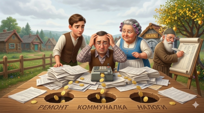 Петрович сидит за столом, перед ним гора документов и калькулятор. Из калькулятора сыплются монеты, но часть из них падает в дыры с надписями «РЕМОНТ», «КОММУНАЛКА», «НАЛОГИ». Иван и Матрёна заглядывают через плечо. Финансист записывает цифры на большом листе.