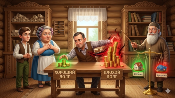 Петрович сидит за столом в тереме Финансиста. Перед ним две стопки монет: маленькая с табличкой «ХОРОШИЙ ДОЛГ» и огромная гора с табличкой «ПЛОХОЙ ДОЛГ». Финансист показывает на весы, где на одной чаше домик «ИПОТЕКА», на другой — разрезанная кредитка «КРЕДИТКА 25%». Иван и Матрёна наблюдают.