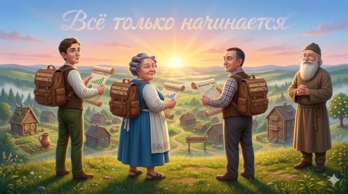 Иван, Матрёна и Петрович стоят на вершине холма на рассвете. У каждого рюкзак с надписью «ФИНАНСОВАЯ ГРАМОТНОСТЬ» и свиток с финансовым планом. Финансист улыбается в стороне. Восходящее солнце освещает деревню Финансовку — символ нового начала после пройденного пути.